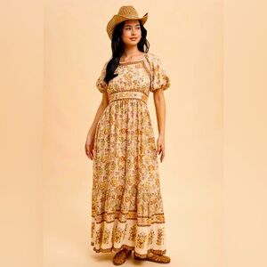 Elegant Boho hippie Blue Print Maxi dress